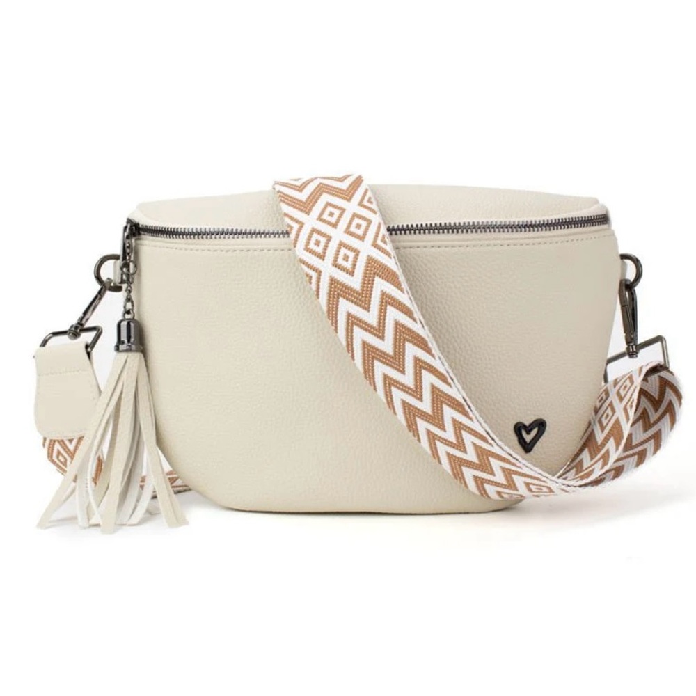 BRAND NEW AND TAGS ATTACHED. Stylish Cream Crossbody Bag with Patterned Strap.